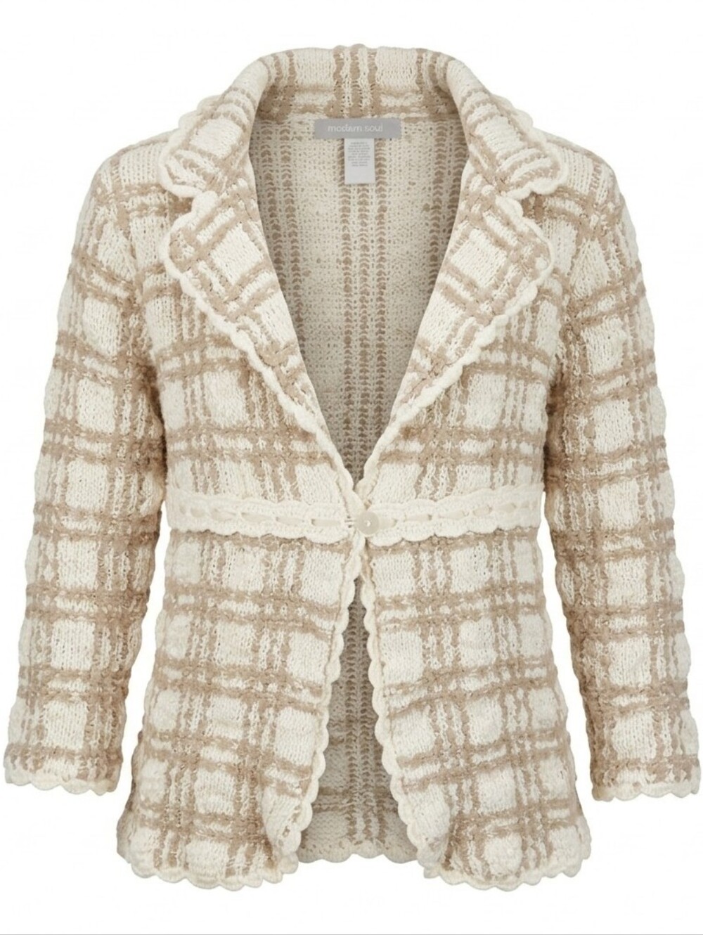 Modern Soul Wool Blend Cardigan Medium Plaid Knit Cozy Grandmillennial Chic